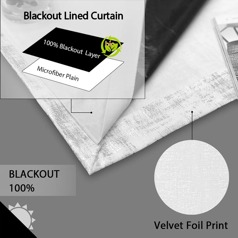 always4u 100% Blackout Soft Velvet Curtains for Bedroom Living Room Thermal Energy Saving 84 Inches Long Luxury Silver Foil Print Drapes 2 Panels White - Image 2